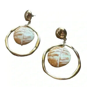 Large hammered circle with shell drop earrings